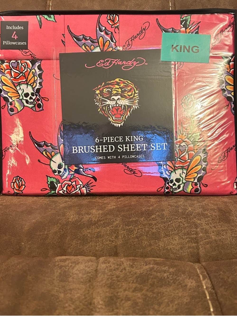 Ed Hardy King Brushed Sheet Set in Hot Pink with Multicolor Tattoo Motifs